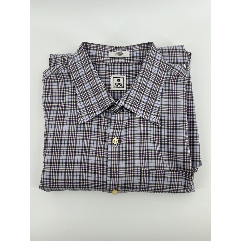 Peter Millar Mens Large Purple Plaid Button‎ Down Golf Shirt Titleist Cuff Logo